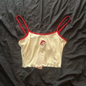 SHEIN Cream and Red Tank Top with Mushroom Embroidery